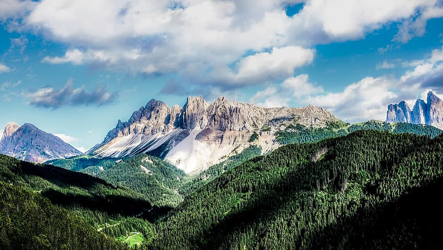 italy, mountains, sky, clouds, valley, forest, trees, woods HD wallpaper