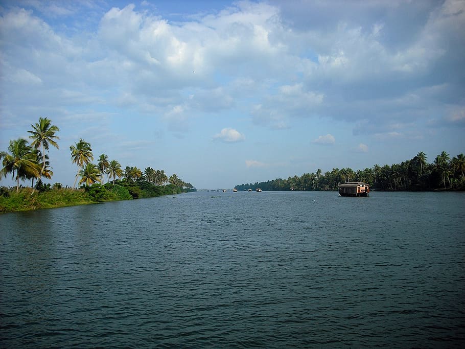 kerala, india, backwater, river, boats, cloud - sky, tree, waterfront, HD wallpaper