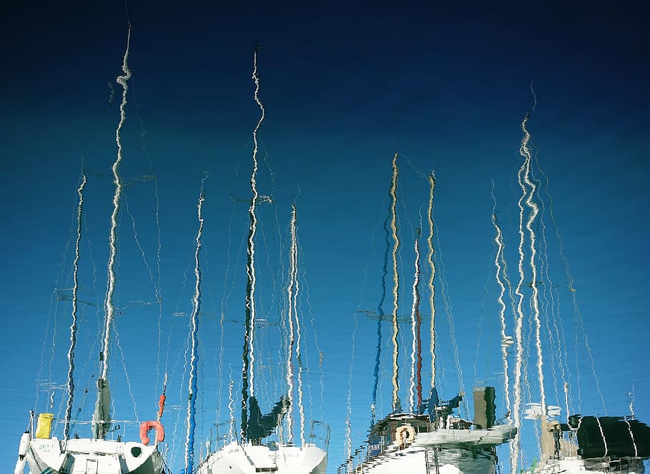 reflection, yacht, sailboat, mast, water, ripple, pattern, abstract, HD wallpaper