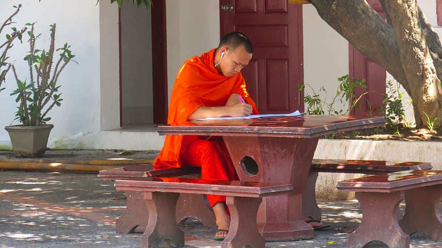 laos, luangprabang, asia, temple, buddhism, monk, one person