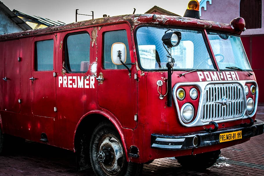 red car on parking lot, photo of red van, fire truck, fire engine, HD wallpaper