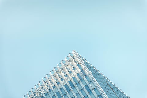 white and blue concrete building ceiling photo, glass window skyscraper building under clear blue sky during daytime HD wallpaper