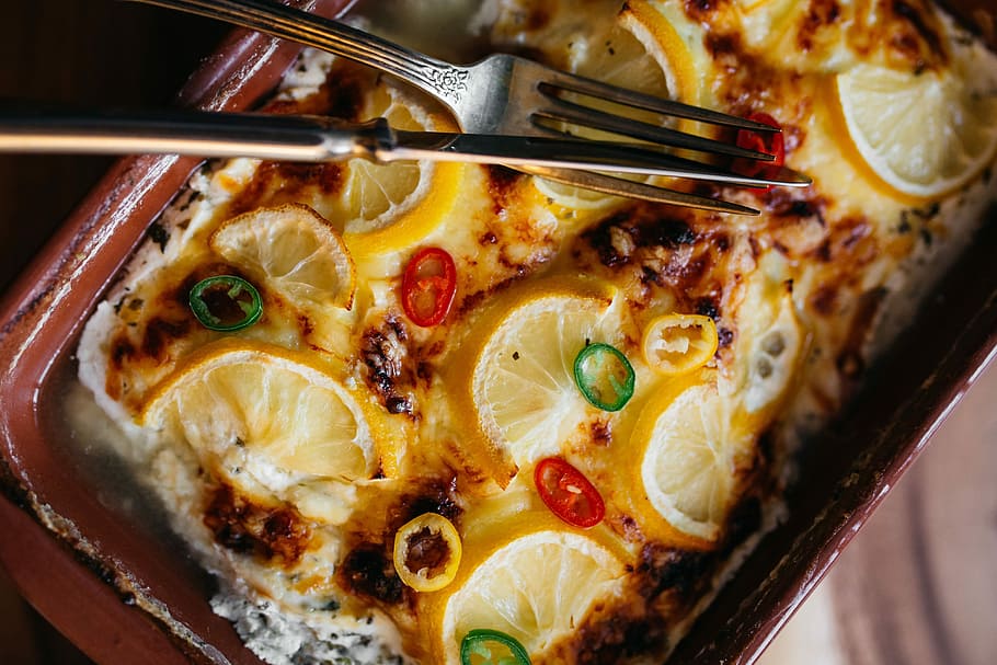 Fish casserole with lemon and herbs, cheese, food, homemade, lunch
