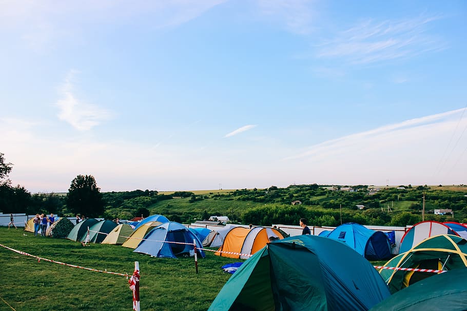 tent, green, grass, playground, nature, mountain, camping, adventure HD wallpaper