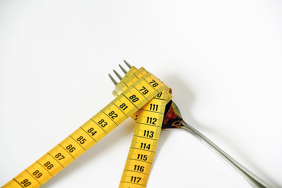 gray stainless steel fork wrapped with tape measure, diet, nutrition, HD wallpaper