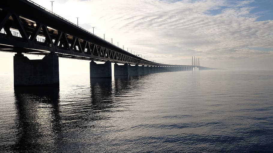 calm body of water under blue sky, architecture, bridge, cloud formation HD wallpaper