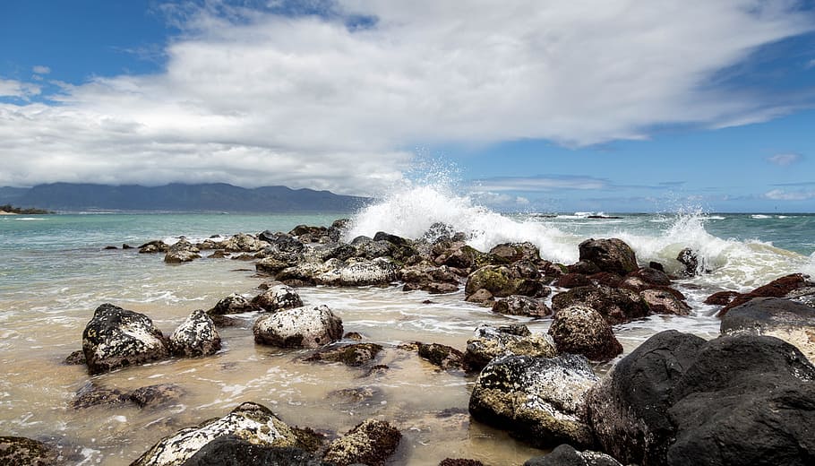 sea, ocean, water, waves, nature, rocks, coast, cloudy, blue HD wallpaper