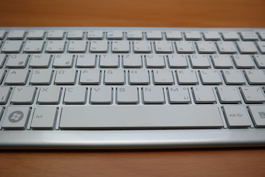 keyboard on brown table, space bar, letters, computer, input HD wallpaper