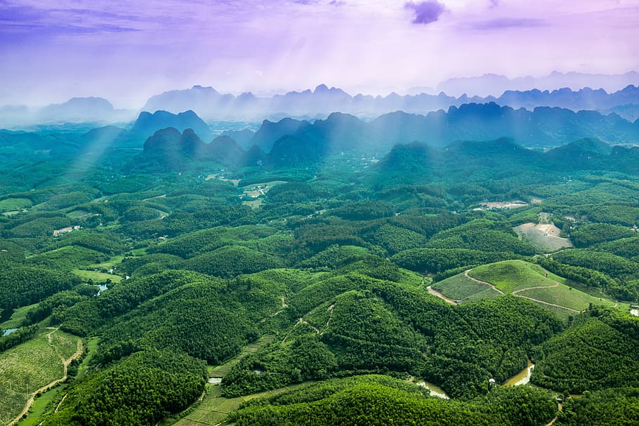 birds eye view of green lush mountain, trang an, bai dinh, ninh binh province