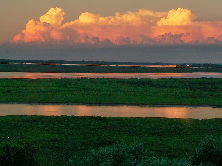 Dawn, Sunset, River, Water, Field, Sky, landscapes, clouds HD wallpaper