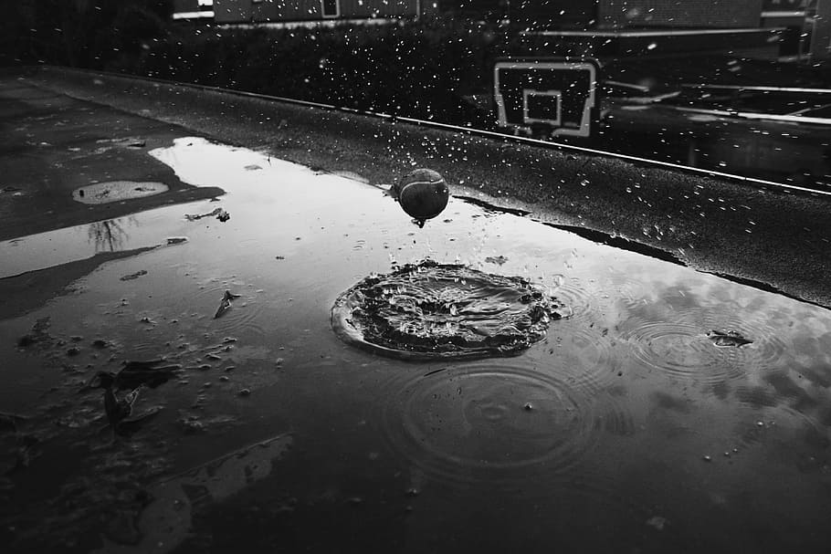 basketball, black and-white, court, dark, dirty, droplets, flooded, HD wallpaper