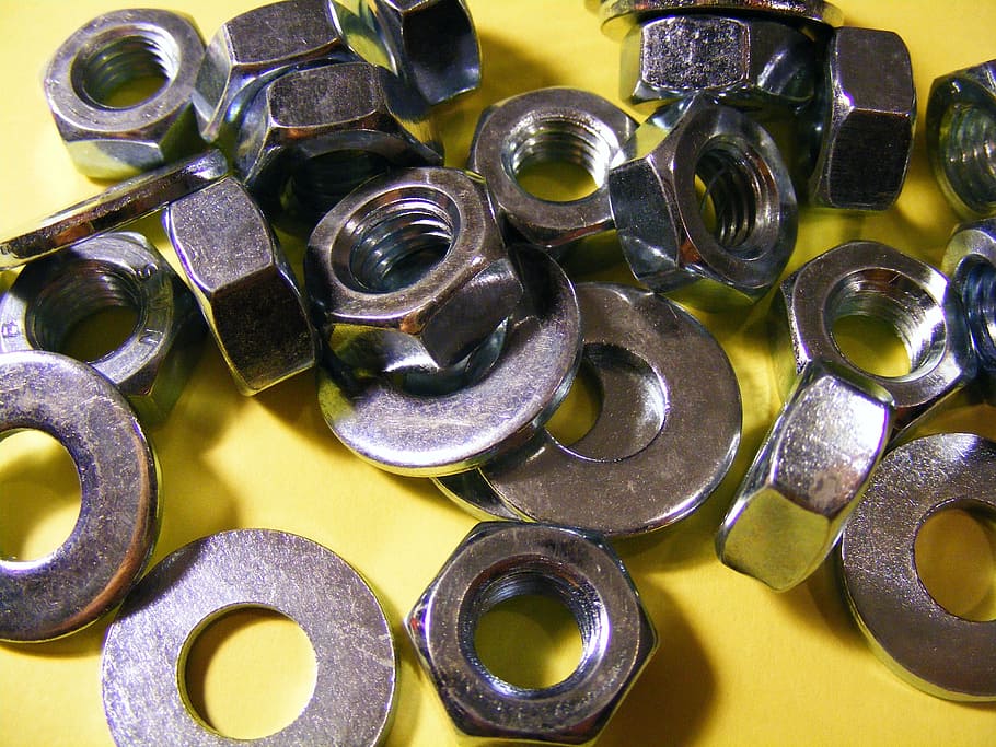metal hex nut on yellow surface, construction, industry, steel HD wallpaper