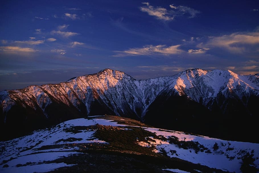 Japan, Sunset, Mountains, Clouds, sky, winter, snow, ice, ravine HD wallpaper