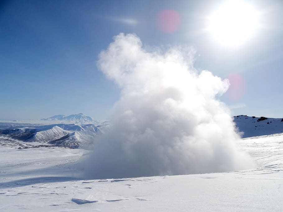 fumarole, pairs, post, winter, snow, coldly, frost, volcano HD wallpaper