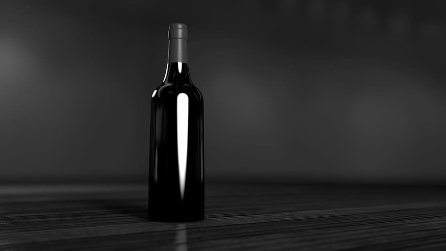 black glass bottle on brown surface, bottle on top of table, background, HD wallpaper