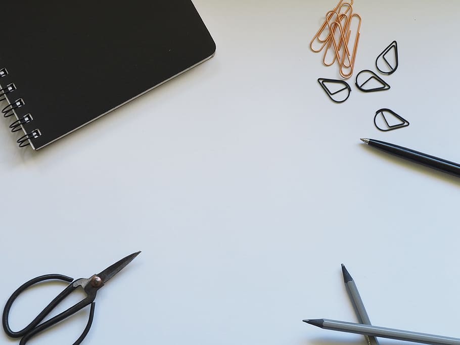 notebook and scissors on the table, business, paper, office, composition, HD wallpaper