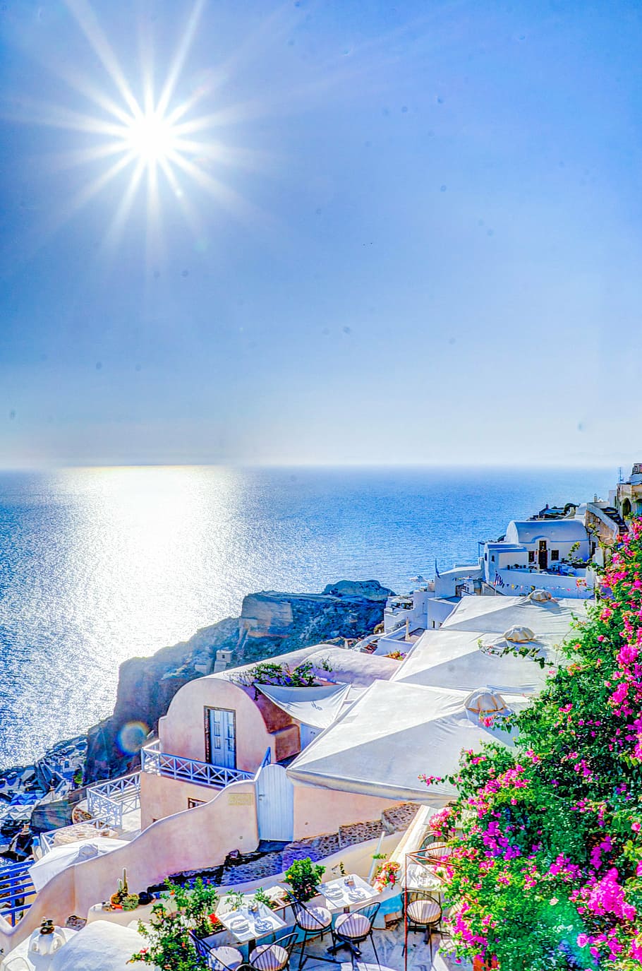 top view of Santorini, Greece, oia, summer, island, sea, aegean