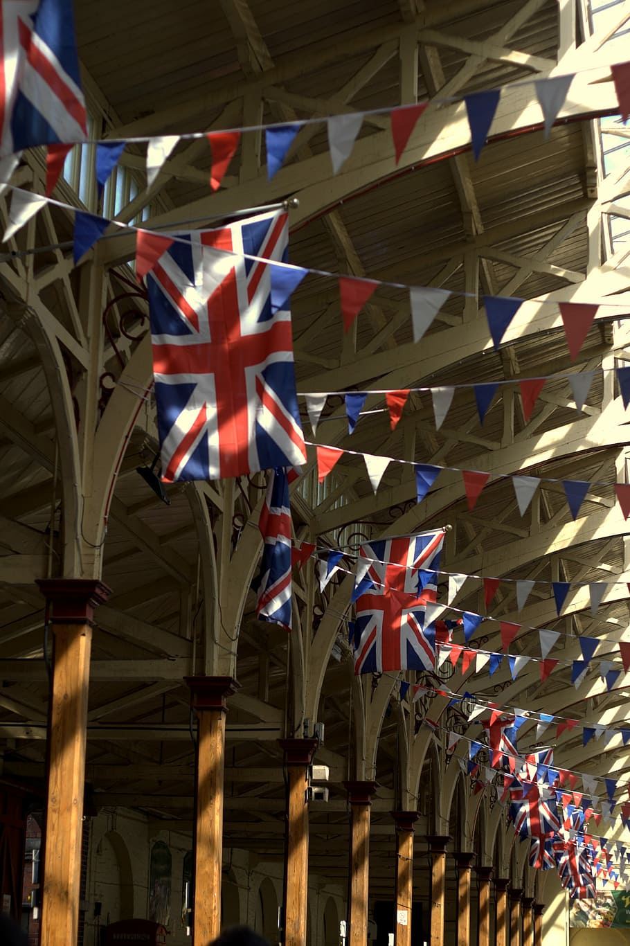 Union Jack, Bunting, Flags, Market, pannier, barnstaple, britain, HD wallpaper