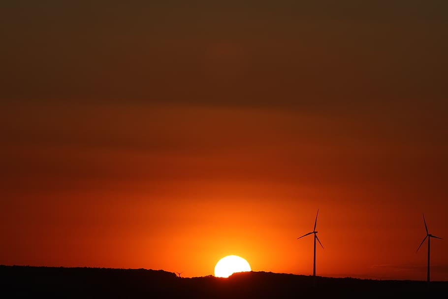 sunsets, abendstimmumg, wind turbine, renewable energy, environment HD wallpaper