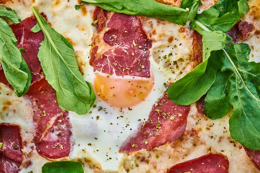 meat, egg, greens, bacon, yellow, red, ham, sausage, hot, food HD wallpaper
