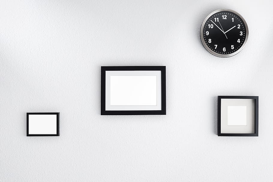 three black photo frames with round silver-colored analog clock, HD wallpaper