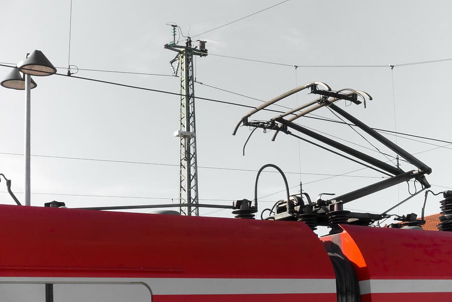 s bahn, red, catenary, train, lighting, current, railway, mast HD wallpaper