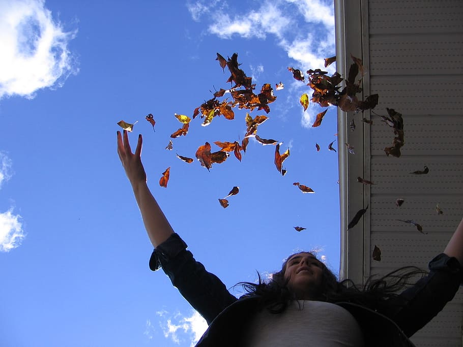 leaves, autumn, fall, throw, happy, girl, woman, sky, real people HD wallpaper