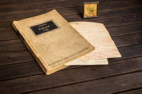faust, book, german, letter, old, table, wood, historical, paper HD wallpaper