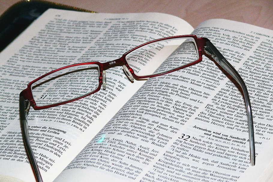 red framed eyeglasses on top of book, bible, read, study, library HD wallpaper