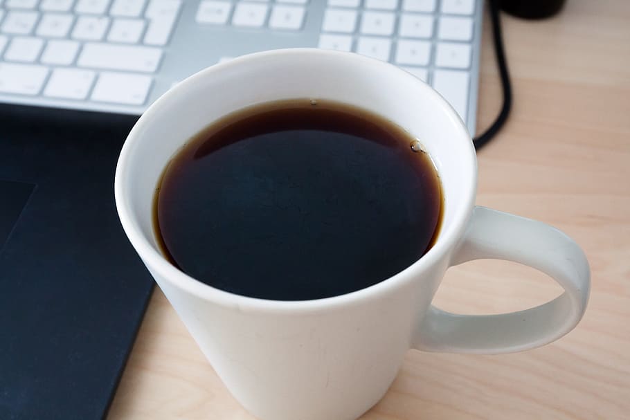 black brewed coffee in white ceramic mug on wooden table, cup HD wallpaper