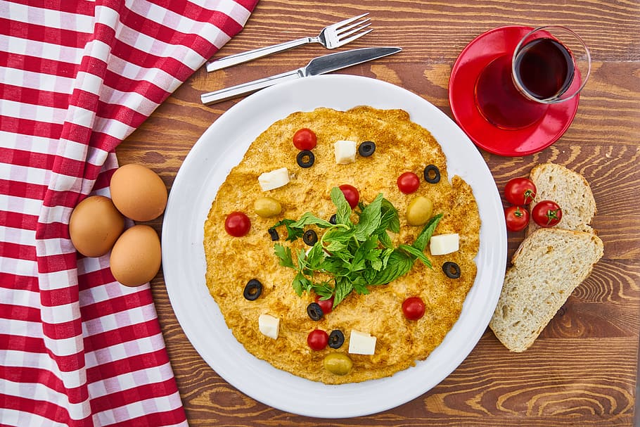 omelet, egg, yellow, tea, food, healthy eating, fresh, kitchen, HD wallpaper