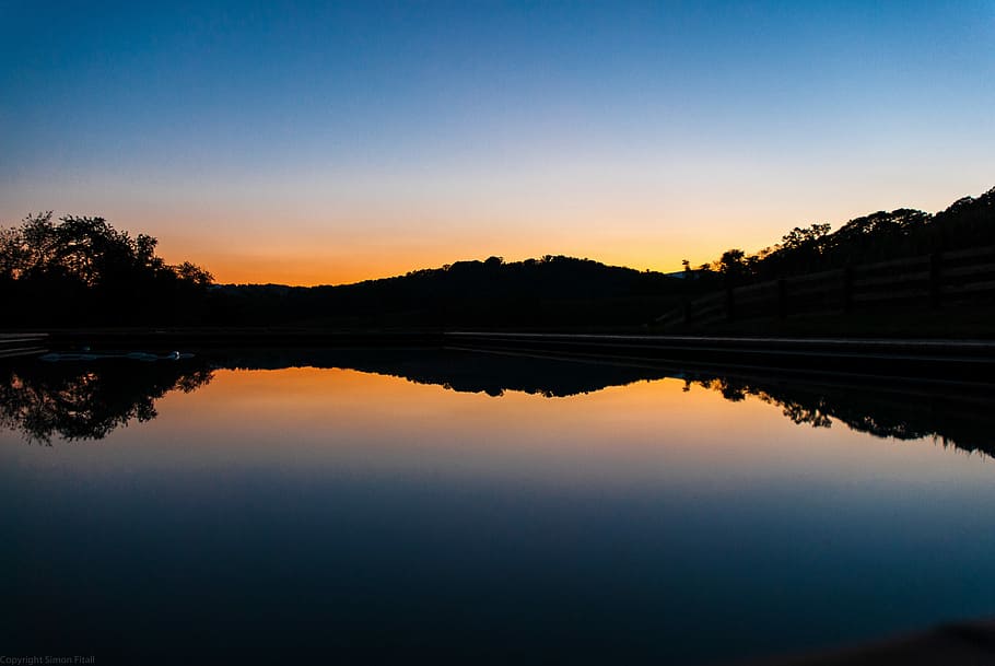 silhouette of river, silhouette photography of trees during golden hour HD wallpaper