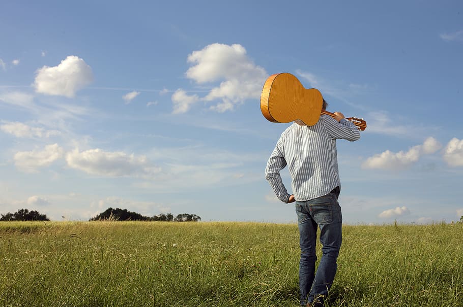 person holding guitar standing on green grass field, active HD wallpaper