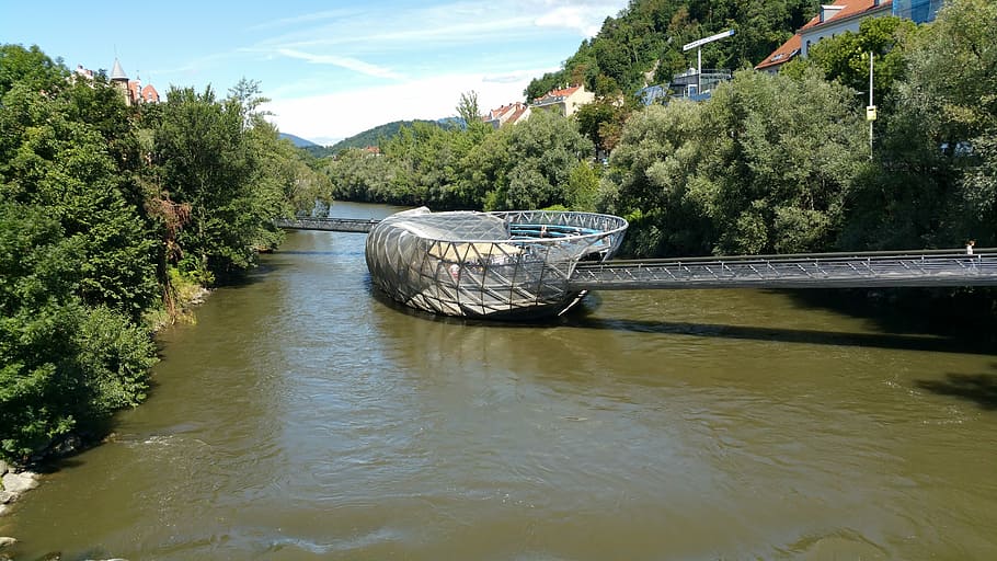 Murinsel, Graz, Austria, River, reflection, water, nautical vessel HD wallpaper