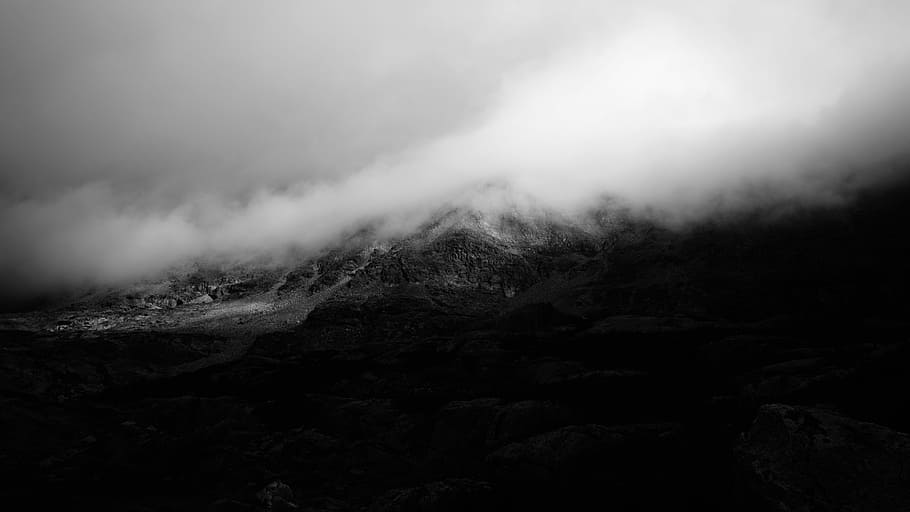 grayscale photo of mountain covered by clouds, photo of mountain with clouds HD wallpaper