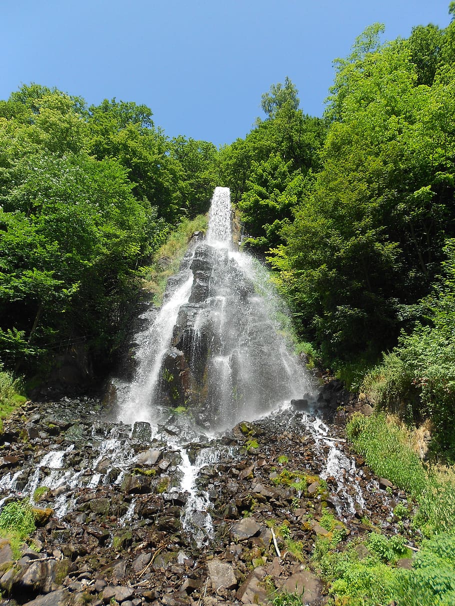 waterfall, summer, holiday, germany, thuringia, trees, flow HD wallpaper