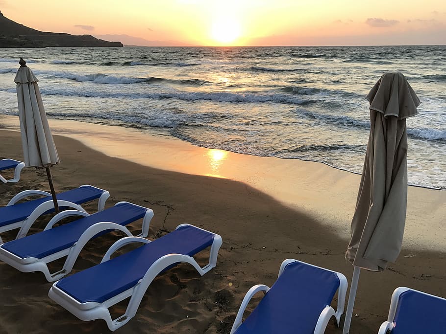 Sunset, Sea, Beach, Beach, Sand, Umbrellas, holidays, sky, beach umbrella HD wallpaper