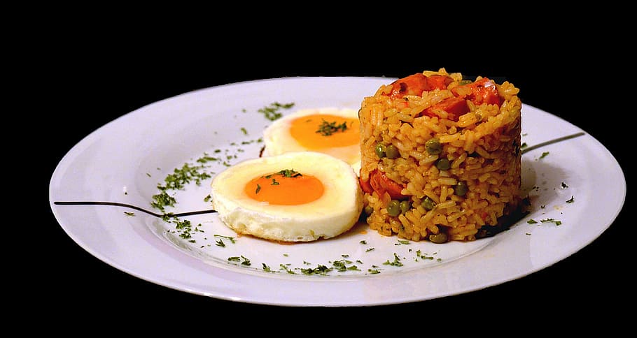 eat, rice, delicious, egg, hunger, food, black background, plate HD wallpaper