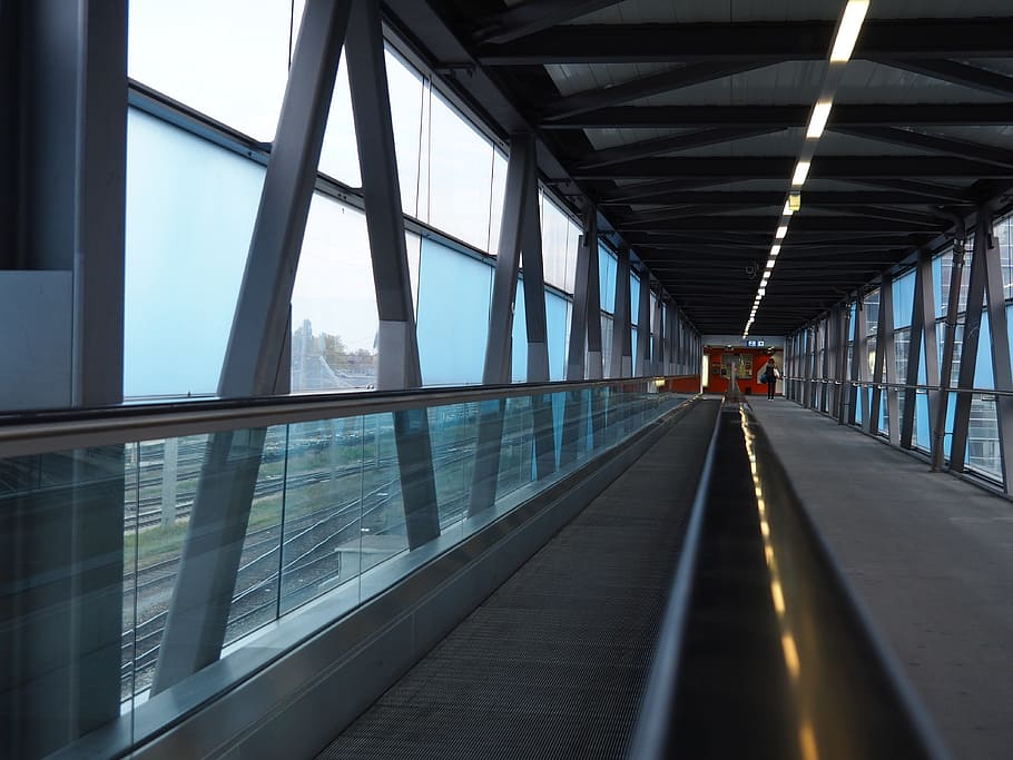 escalator, elevator, lift, architecture, urban, glass, city HD wallpaper