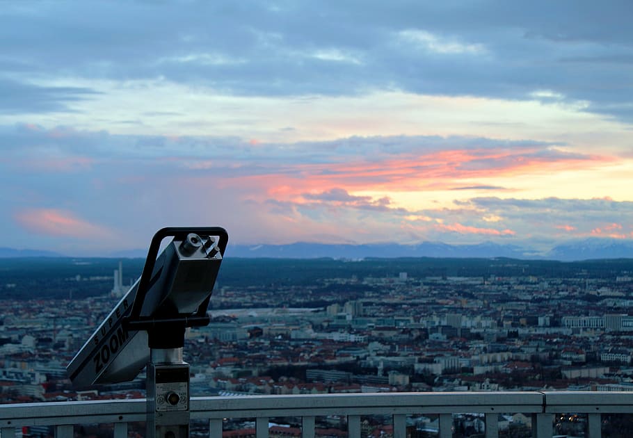 olympia tower, munich, olympic park, binoculars, edge of the alps