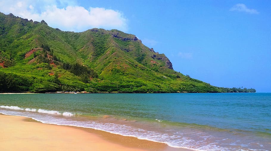 mountain, ocean, sea, tranquil, peaceful, nature, travel, blue HD wallpaper