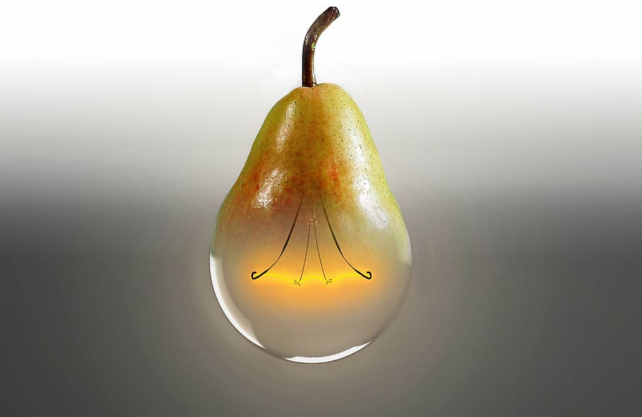 yellow and clear pear fruit, light bulb, bioglühbirne, idea, HD wallpaper