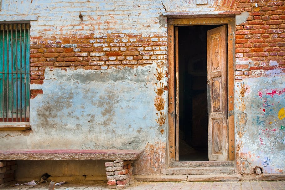 brown wooden door open, asia, travel, india, architecture, house