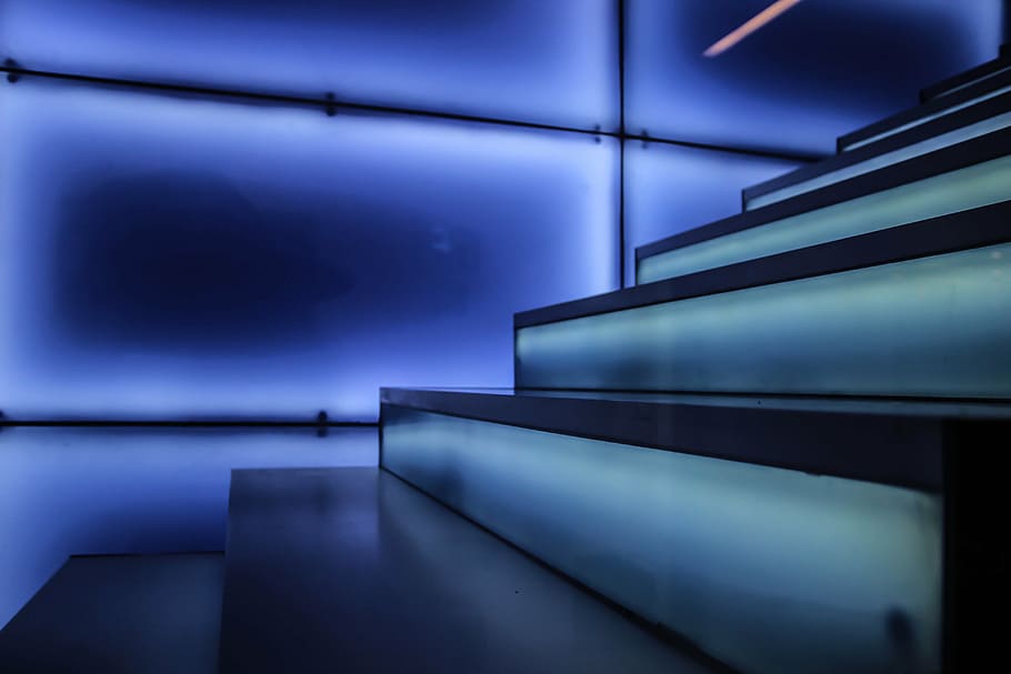 staircase with lights, stairs, gradually, blue, lichtspiel HD wallpaper