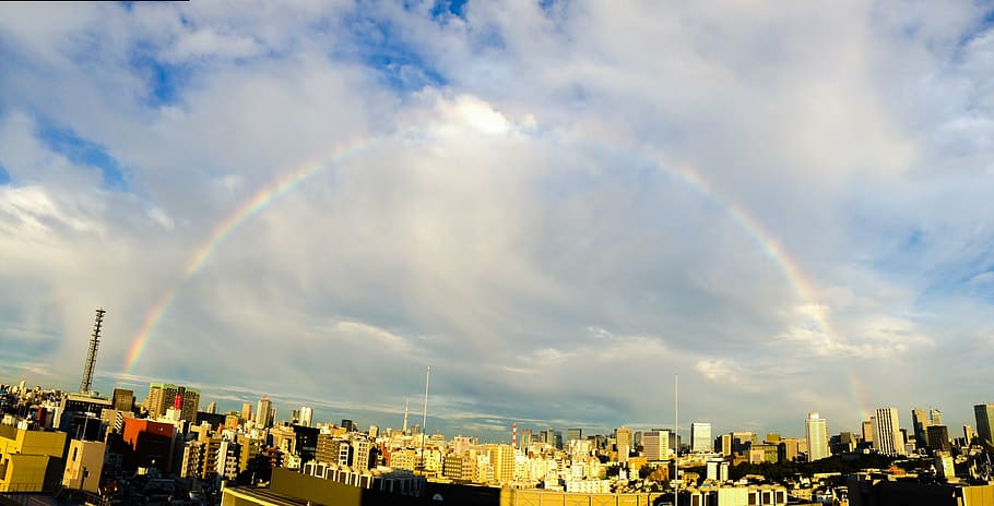 rainbow, sky, nature, clouds, tokyo, japan, city, cloud - sky HD wallpaper