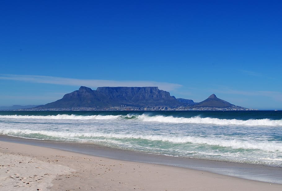 Table Mountain, Cape Town, Beach, Sea, south africa, sand, coastline