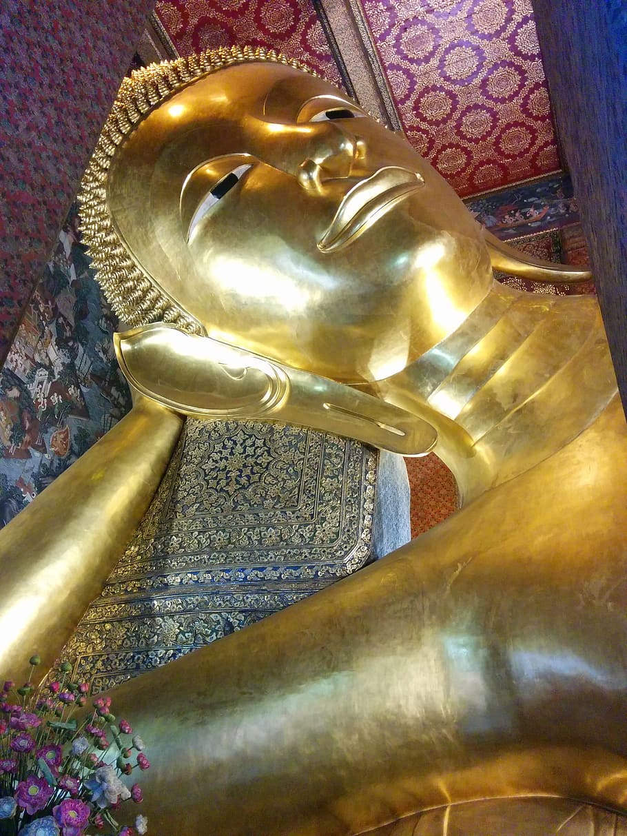 buddah, lying, temple, thailand, bangkok, gold, sculpture, representation, HD wallpaper