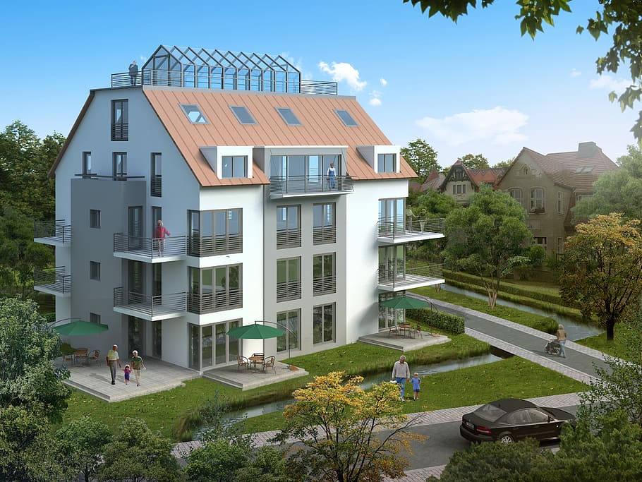 white and brown building 3D perspective, multi-family home HD wallpaper