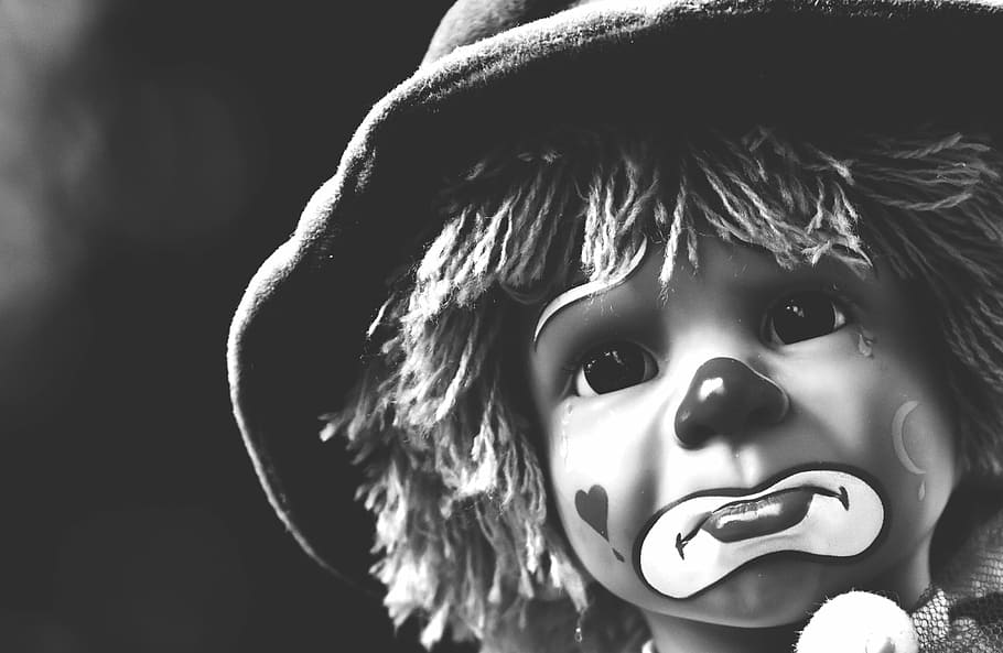 HD wallpaper: grayscale photo of sad clown, doll, black and white, sweet,  funny | Wallpaper Flare