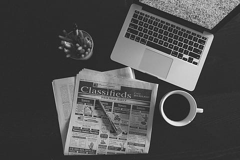 grayscale photo of laptop computer beside white ceramic mug HD wallpaper